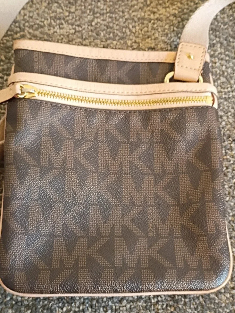 Michael Kors Brown Monogram Crossbody with Beige Strap